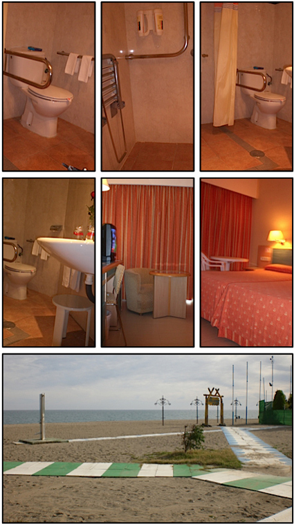 Collage della camera, del bagno attrezzato e del percorso sulla spiaggia